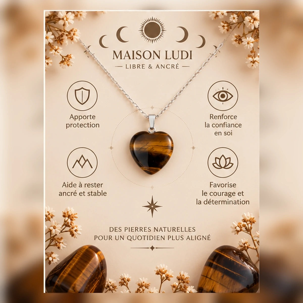 Pendentif Cœur en Œil de Tigre Maison Ludi — gros plan