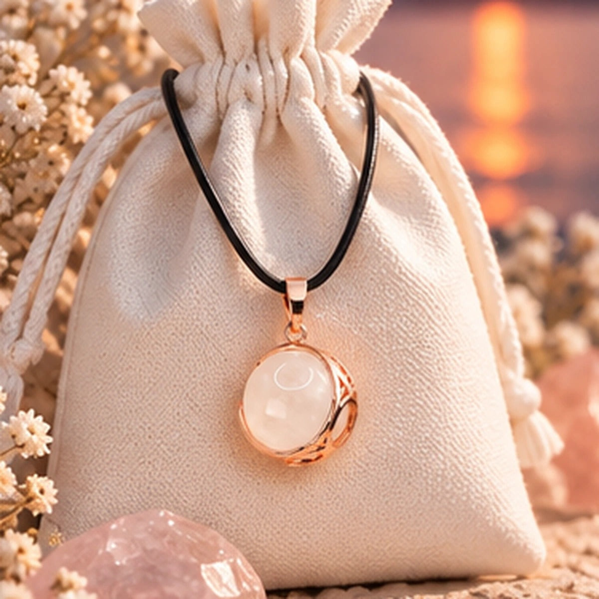 Pendentif sphère de lune en cristal de roche