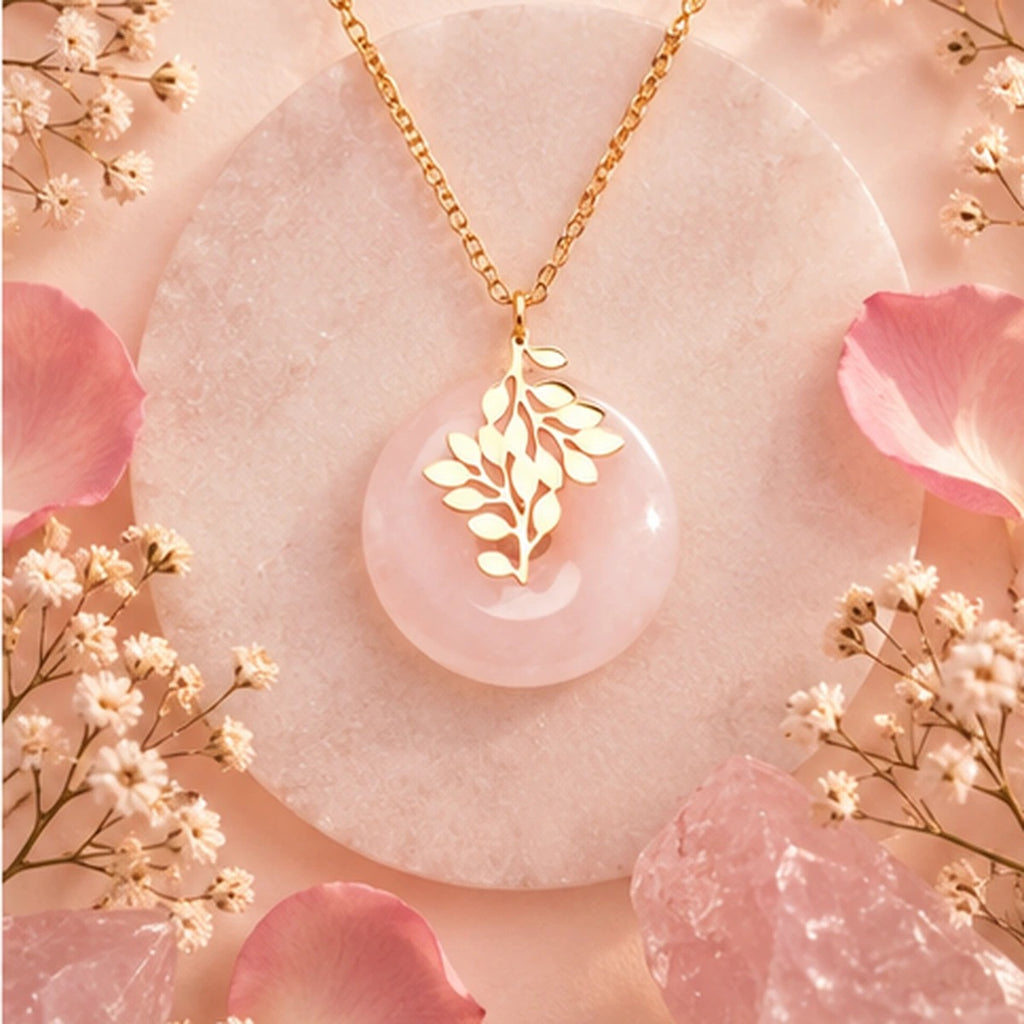 Pendentif Vie d'Amour donut en quartz rose et acier inoxydable