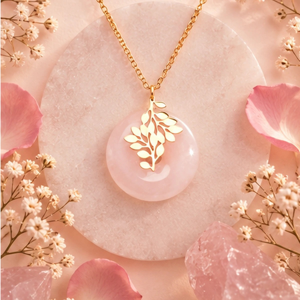 Pendentif Vie d'Amour donut en quartz rose et acier inoxydable