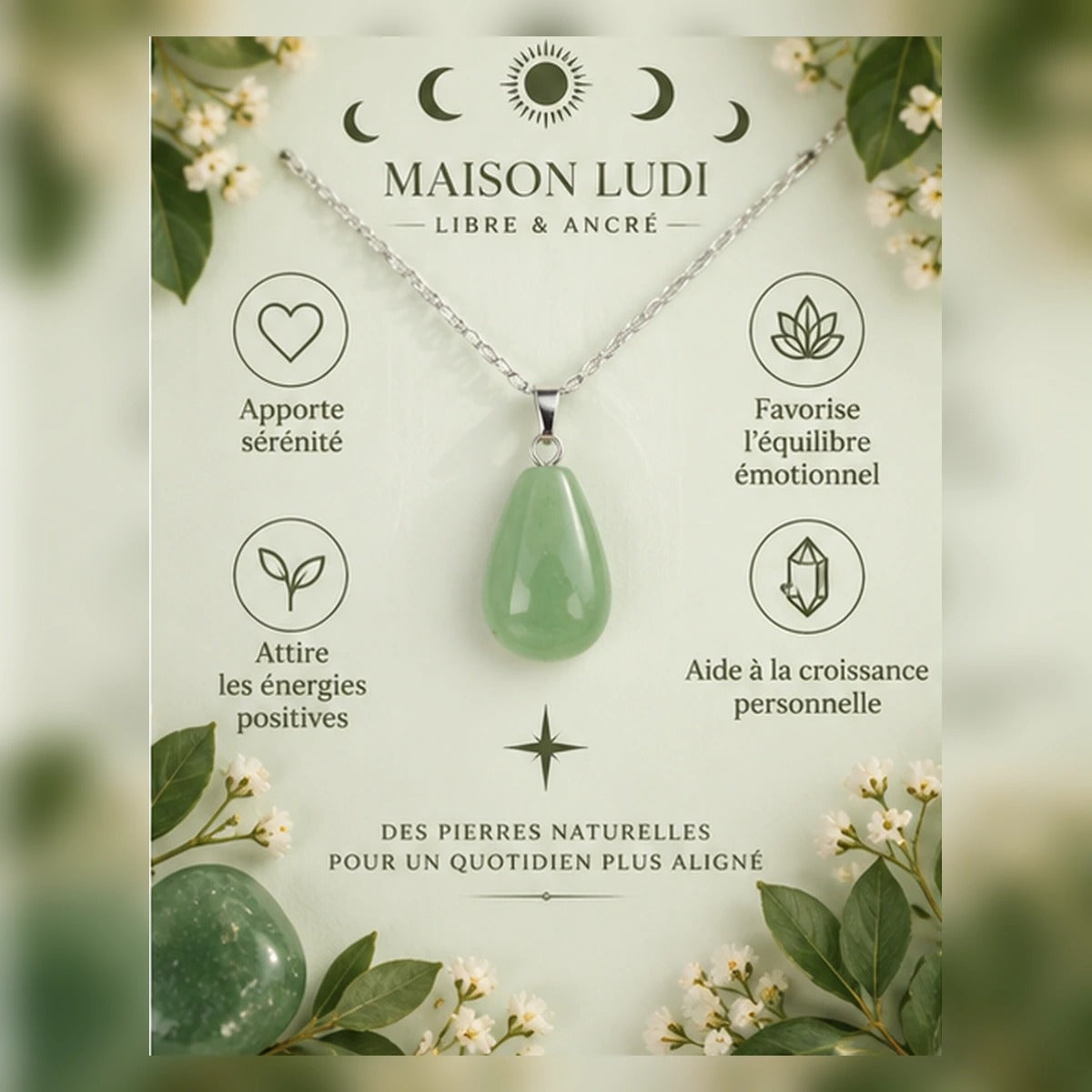 Pendentif Goutte en Aventurine Verte Maison Ludi — gros plan