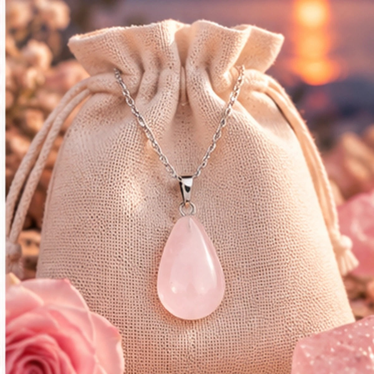 Pendentif goutte en quartz rose