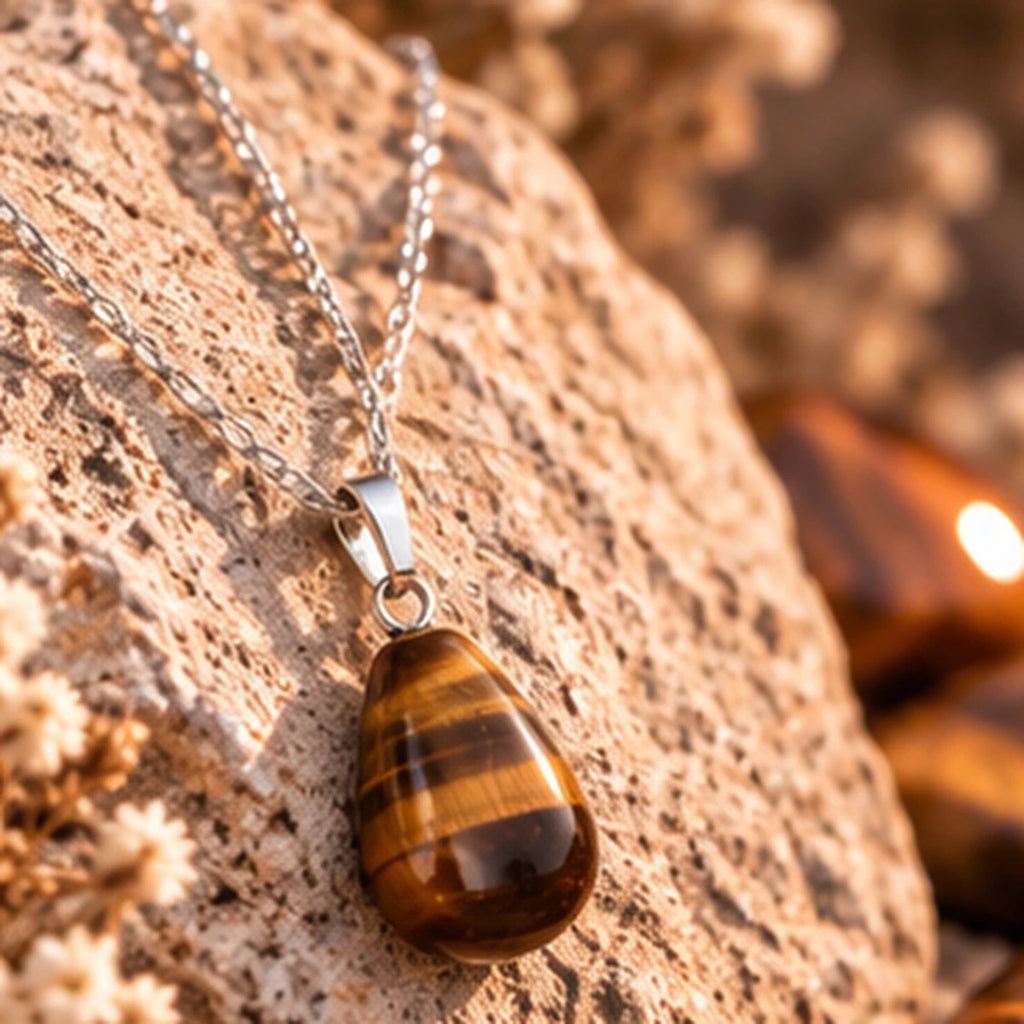 Pendentif Goutte en Œil de Tigre Maison Ludi — porté