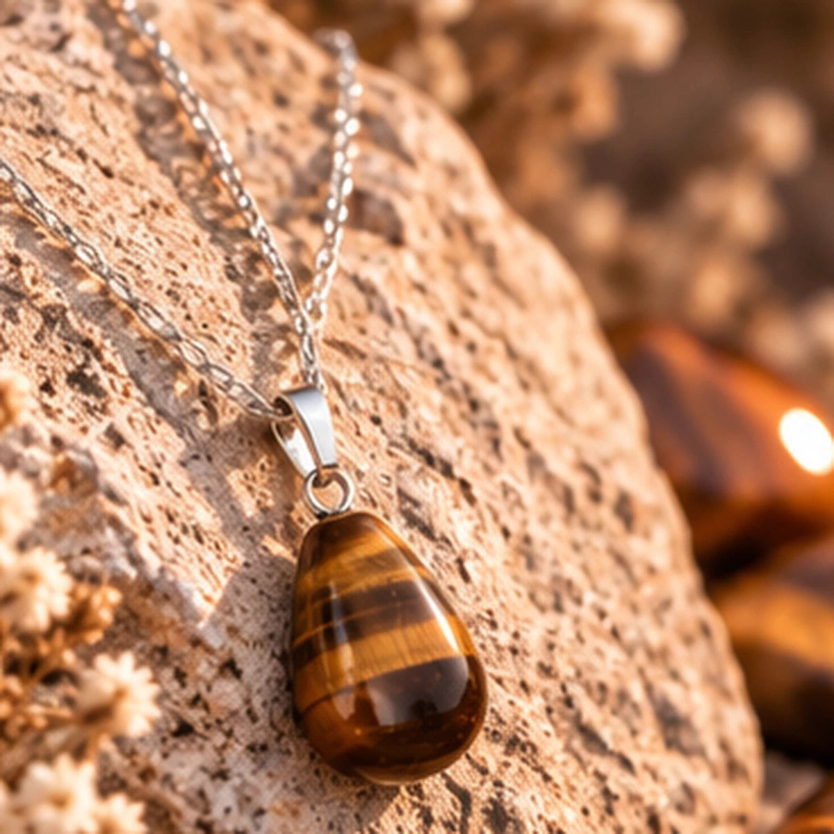 Pendentif Goutte en Œil de Tigre Maison Ludi — porté
