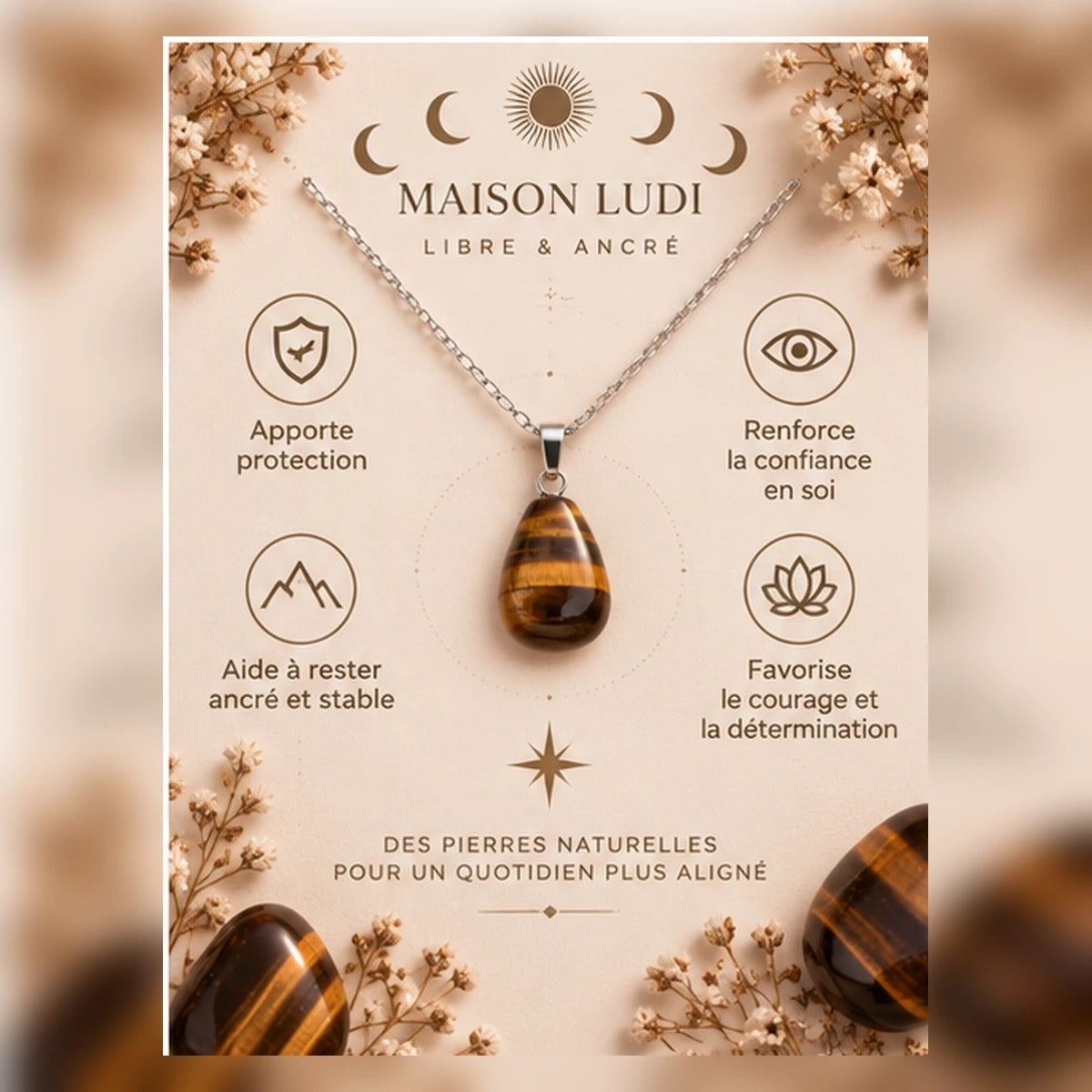 Pendentif Goutte en Œil de Tigre Maison Ludi — gros plan
