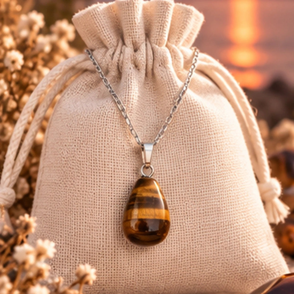 Pendentif Goutte en Œil de Tigre Maison Ludi — ambiance