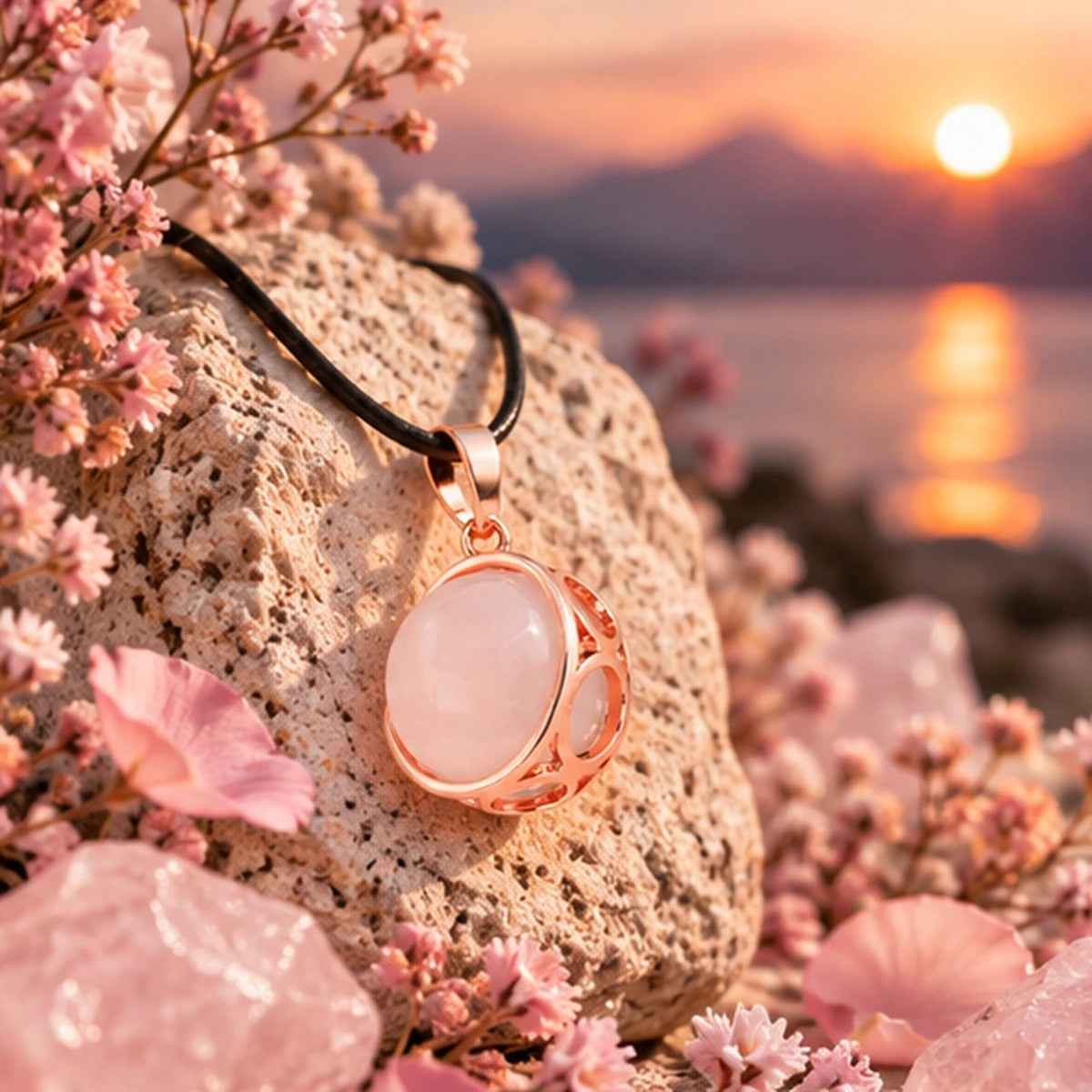 Pendentif sphère de lune en quartz rose