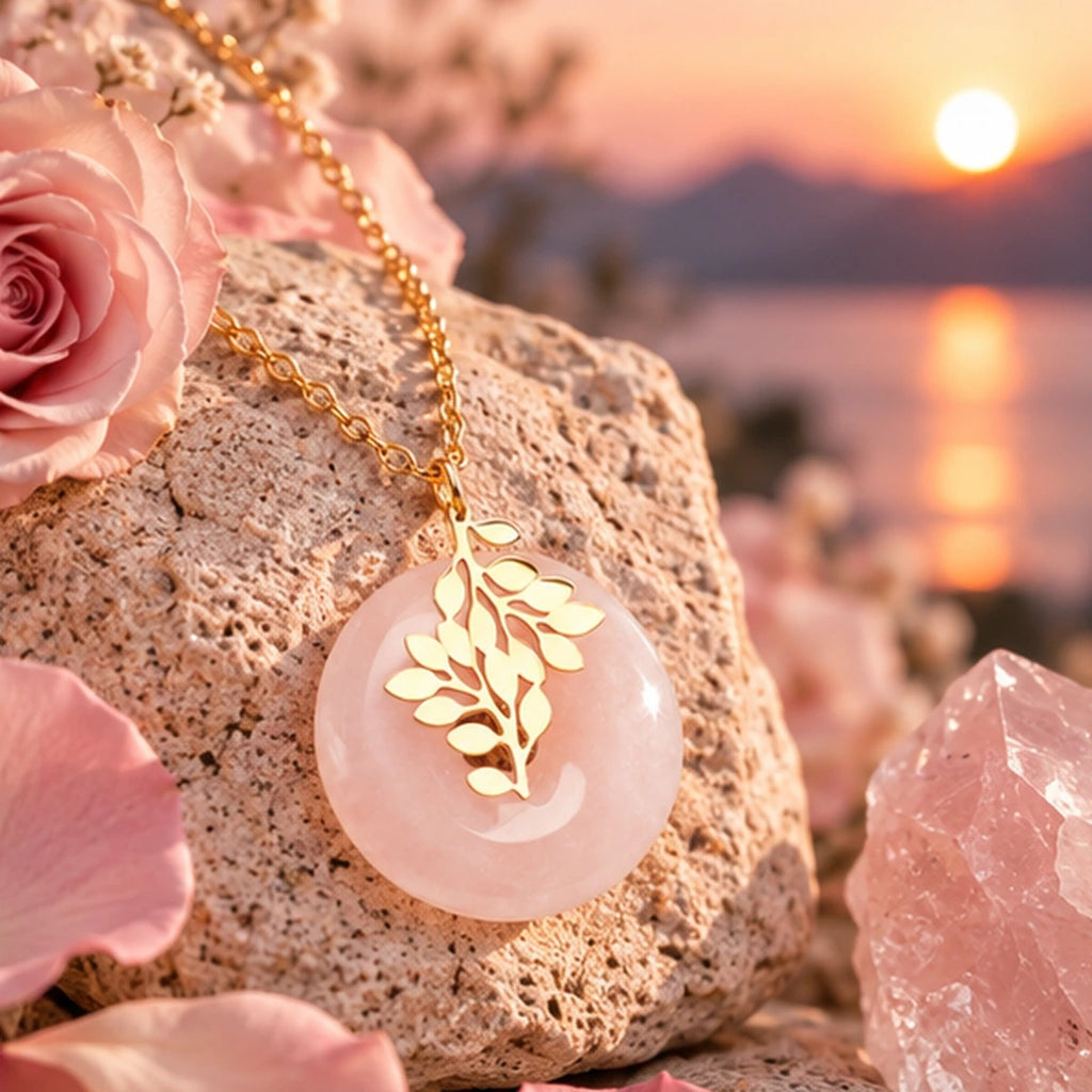 Pendentif Vie d'Amour donut en quartz rose et acier inoxydable