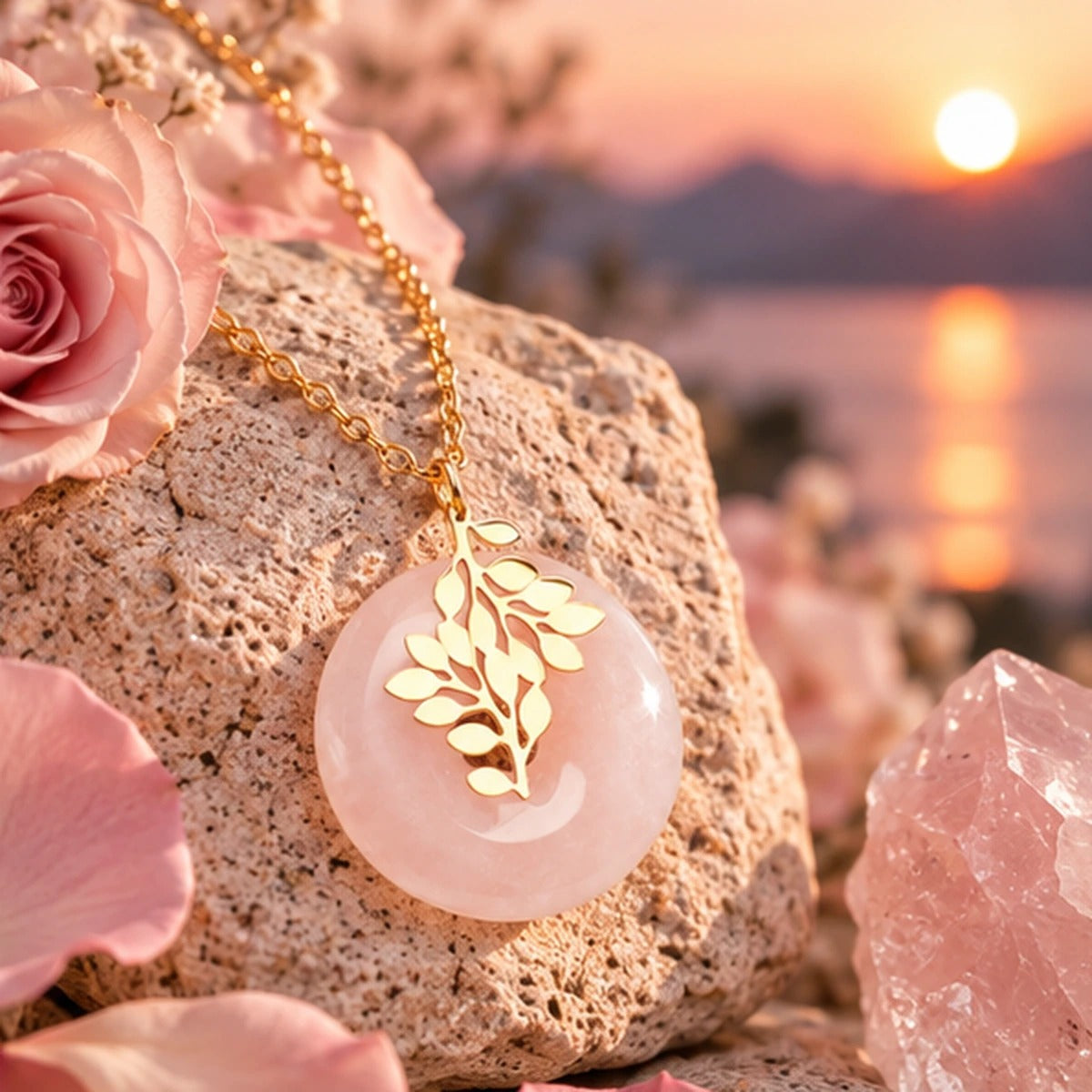 Pendentif Vie d'Amour donut en quartz rose et acier inoxydable