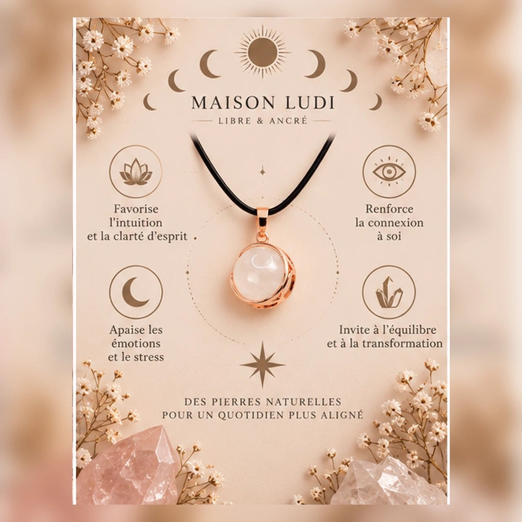 Pendentif sphère de lune en cristal de roche