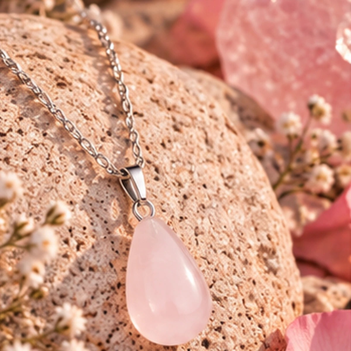 Pendentif goutte en quartz rose
