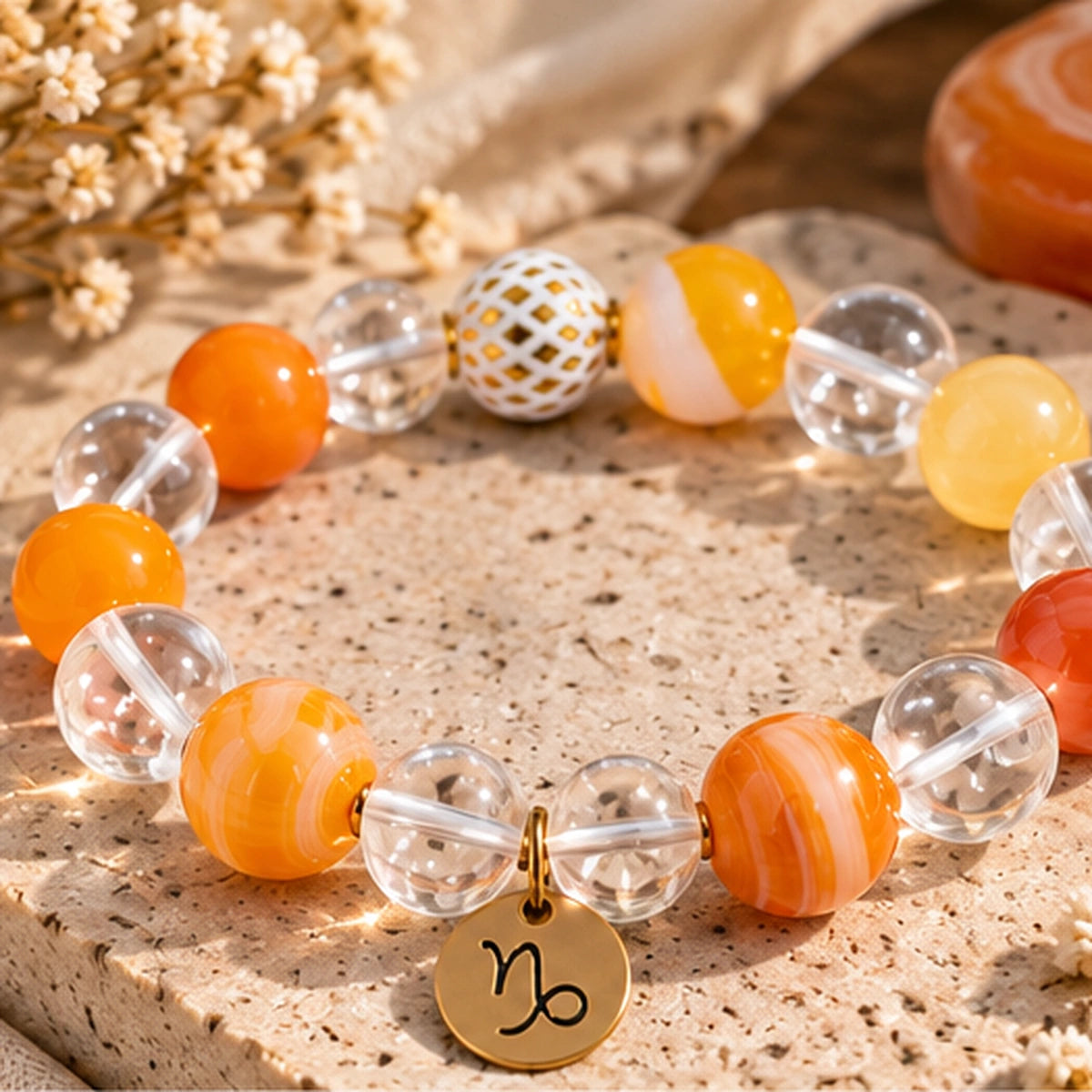 Bracelet Soléa — Agate rayée orange & Cristal de roche