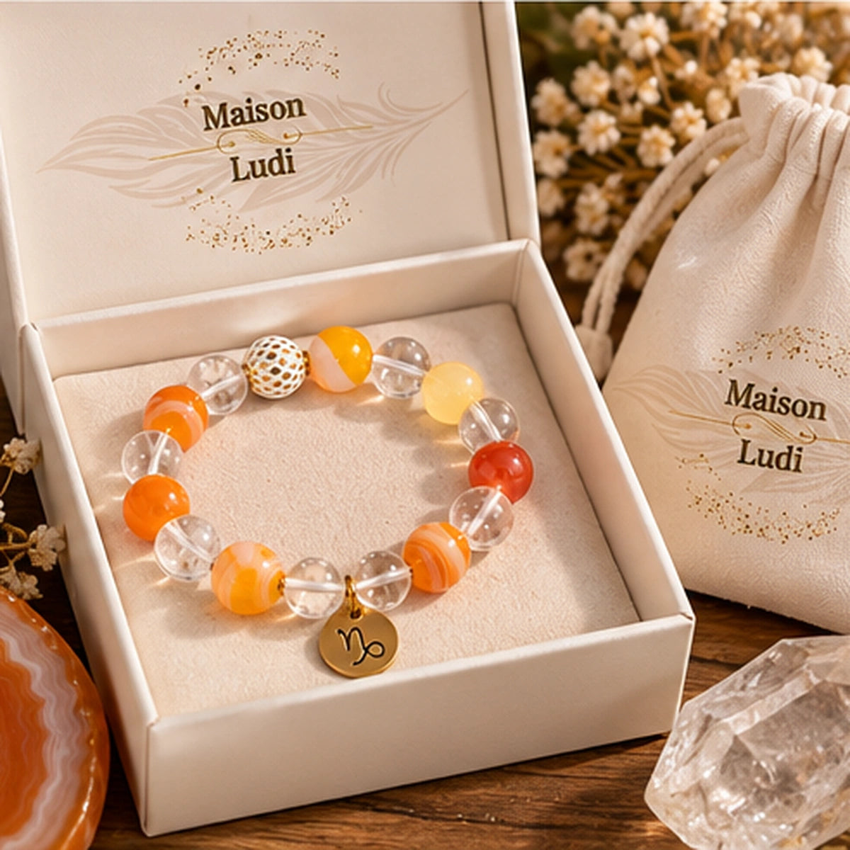 Bracelet Soléa — Agate rayée orange & Cristal de roche