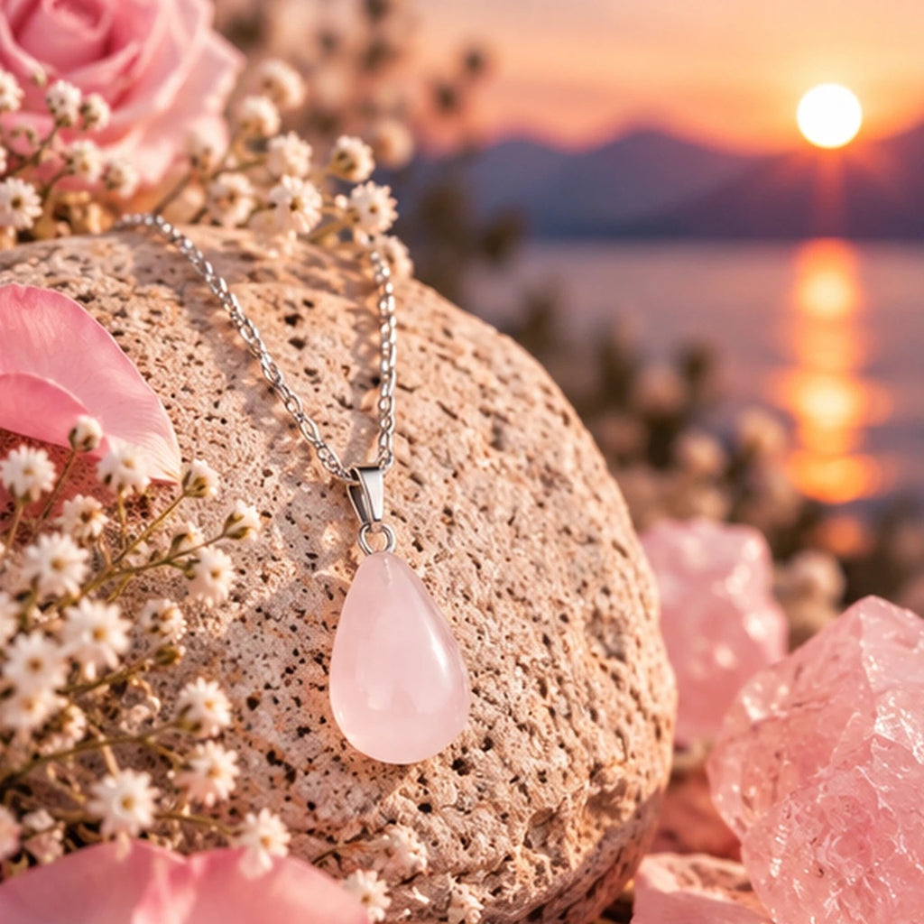 Pendentif goutte en quartz rose