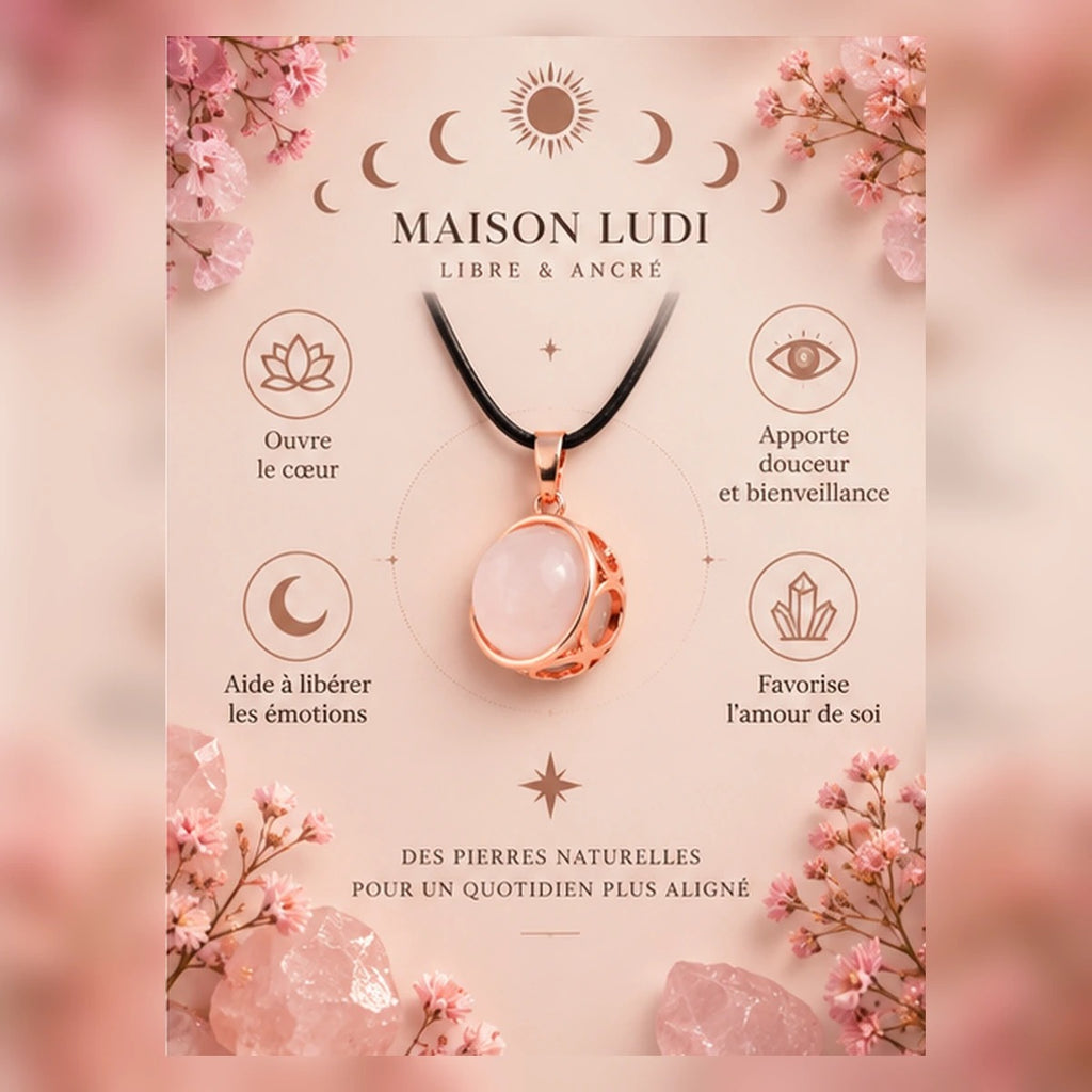 Pendentif sphère de lune en quartz rose