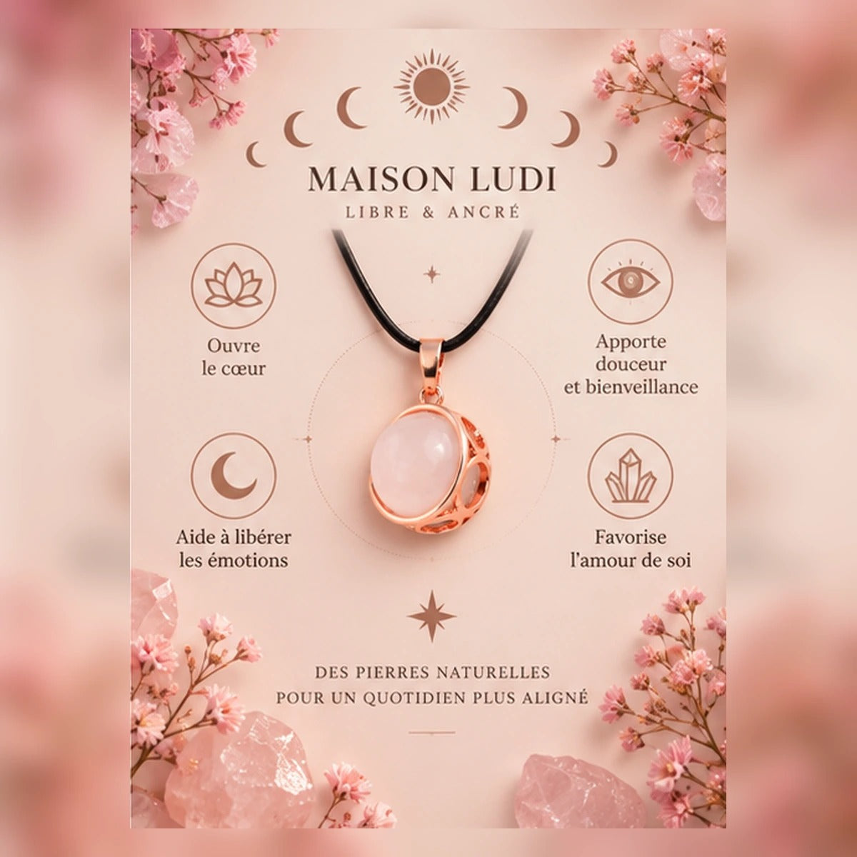 Pendentif sphère de lune en quartz rose