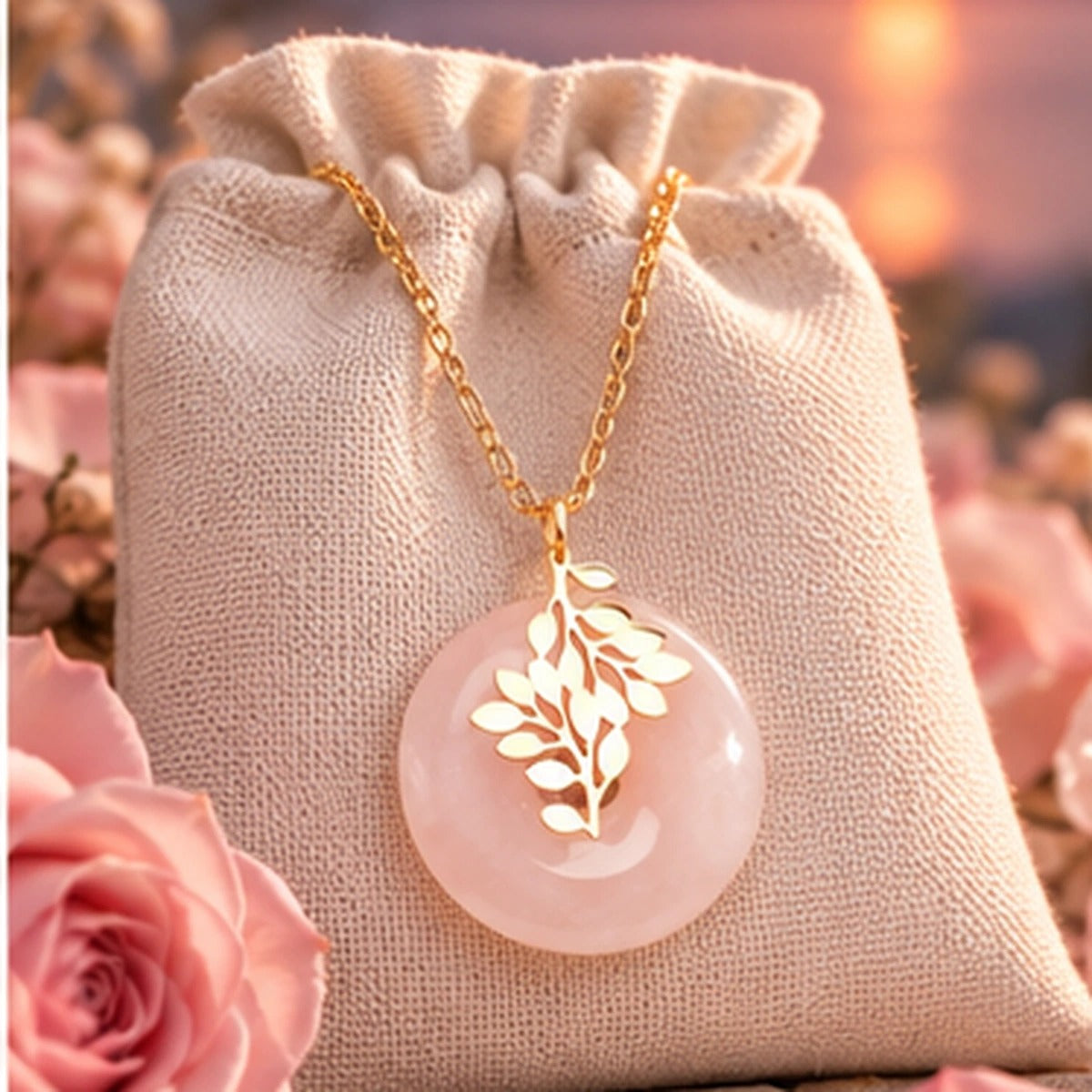 Pendentif Vie d'Amour donut en quartz rose et acier inoxydable