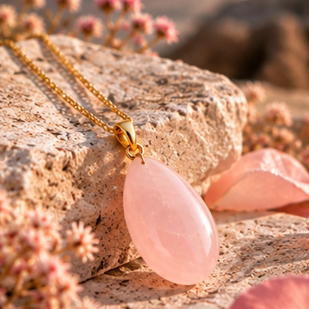 Pendentif Amande en Quartz Rose Maison Ludi — porté